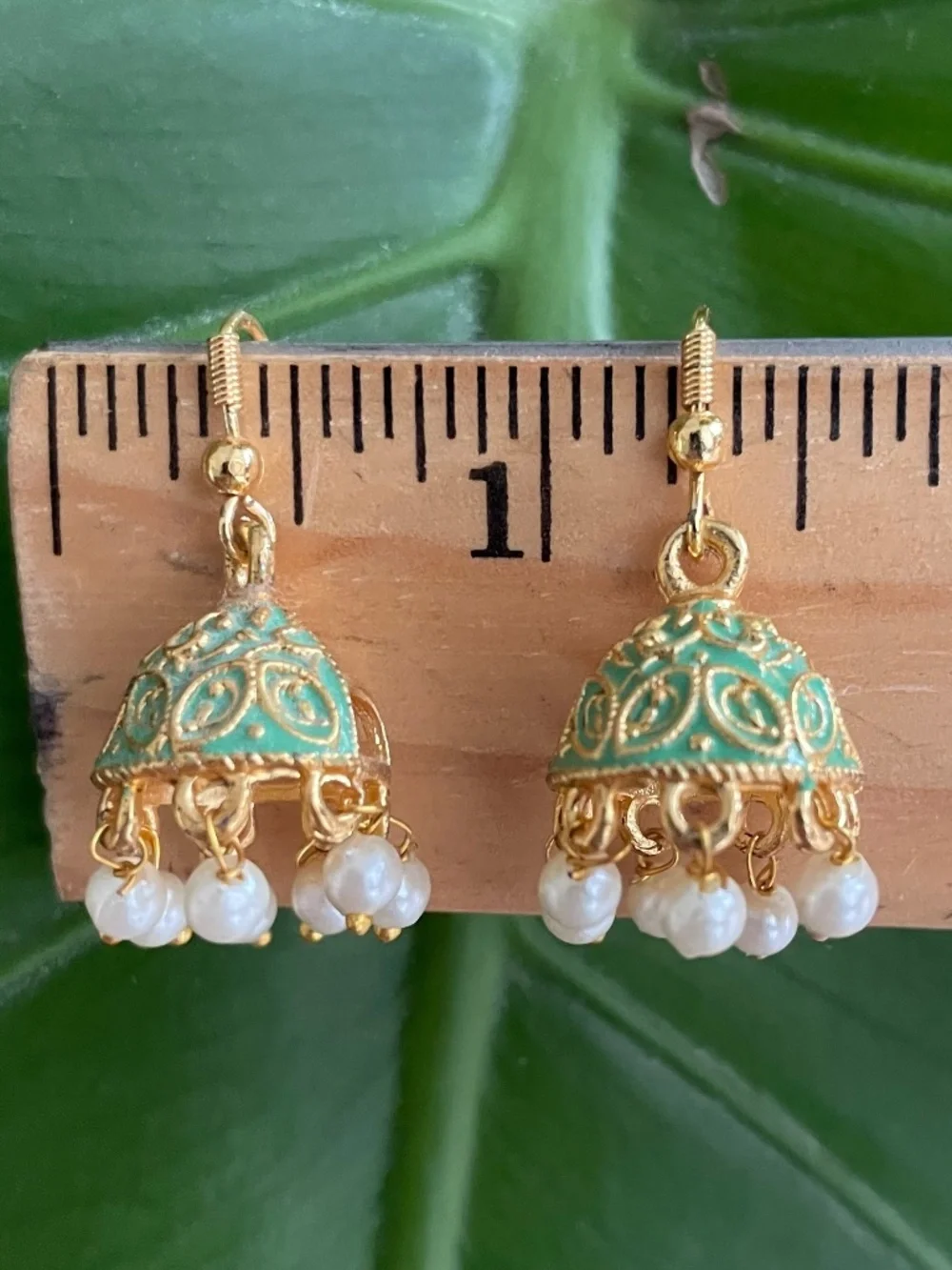 Pastel Mint Green Meenakari Jhumka Earrings with Pearl Drops Gold - Picture 2 of 5